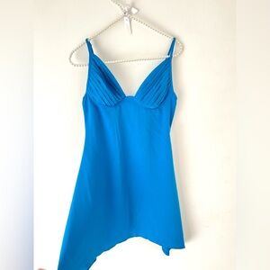 Blue mini dress with zipper on the back.